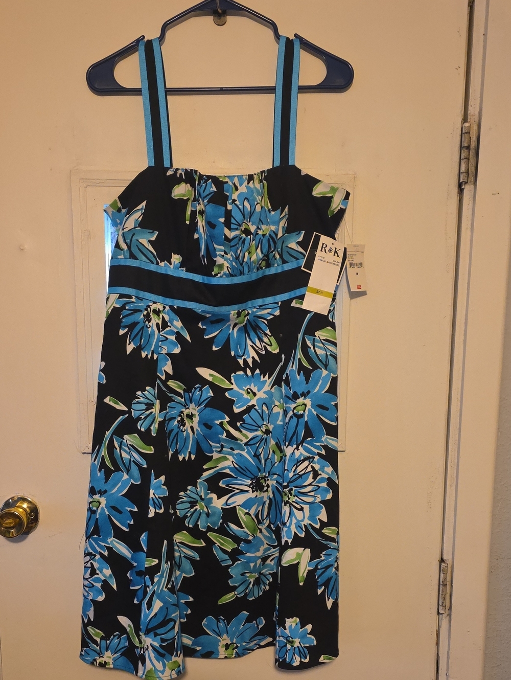 R&K Black Floral Midi Dress with Blue Straps